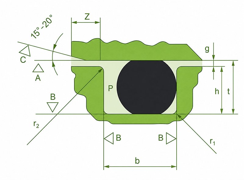 O-ring groove design diagram showing groove width depth chamfer and radius references