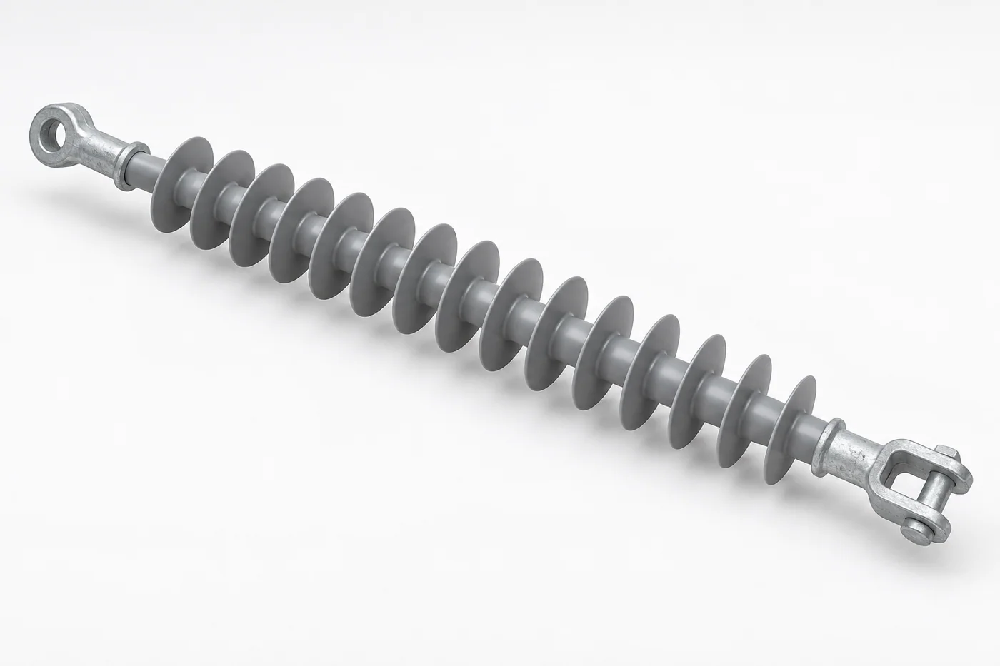 Silicone composite insulator with HTV housing, FRP core, and galvanized steel fittings
